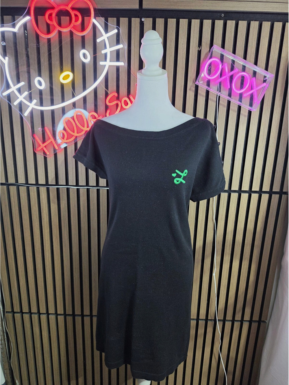 Luxirie Black Knit T-Shirt Dress XL Boat Neck Cap Sleeve.